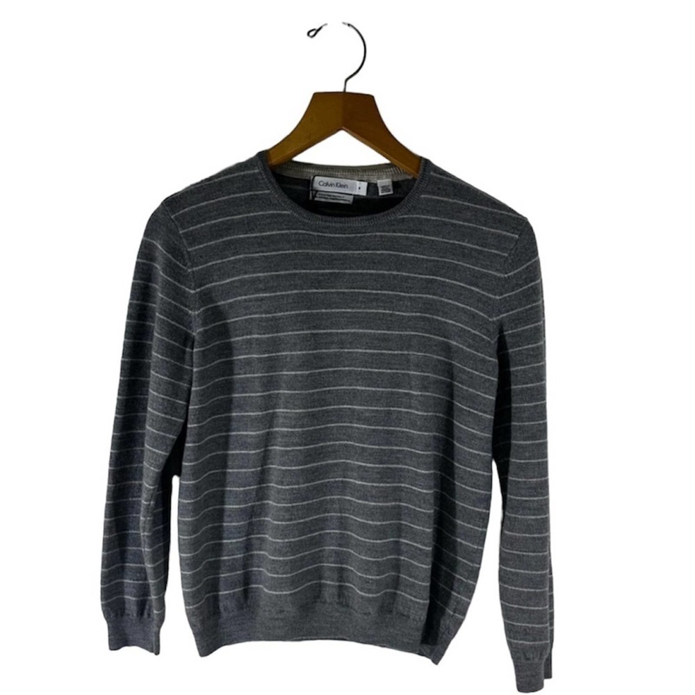 Calvin Klein Extra Fine Merino Wool Crewneck Striped Sweater Gray White Small